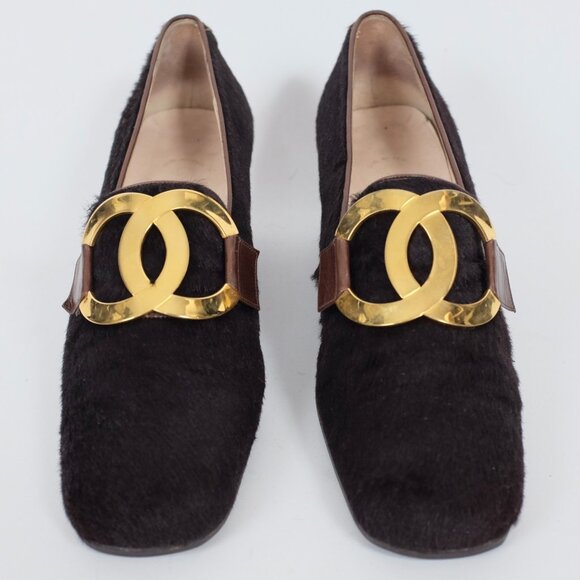 CHANEL shoes 39 US 9 pony hair XL huge CC logo buckle low 2" heel Vintage 1995 - Picture 8 of 11